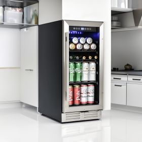 Premium 15-inch Mini Beverage Refrigerator / Wine Cooler - Built-in & Freestanding, 120 Cans, Adjustable Shelves, LED Lighting, Quiet, ETL Certif